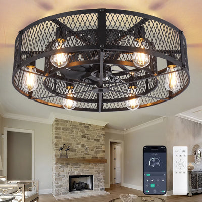 26 Inch Farmhouse Caged Ceiling Fan with Light, Remote & APP Control Quiet DC Motor E26 Bulbs Included Black